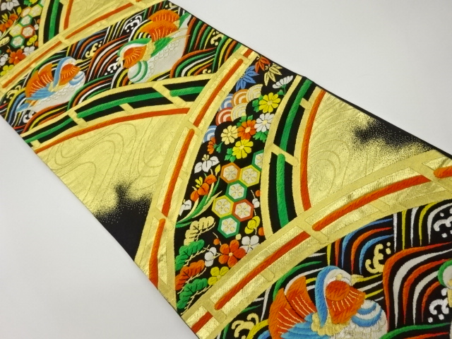 波・橋に鴛鴦・草花・古典柄模様織出し袋帯